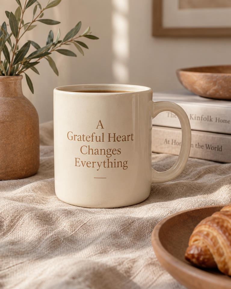 Cream ceramic mug printed with A Grateful Heart Changes Everything