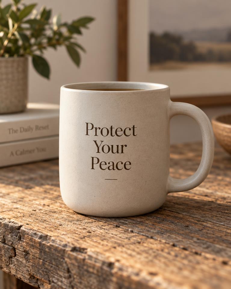 Matte clay mug printed with Protect Your Peace resting on oak